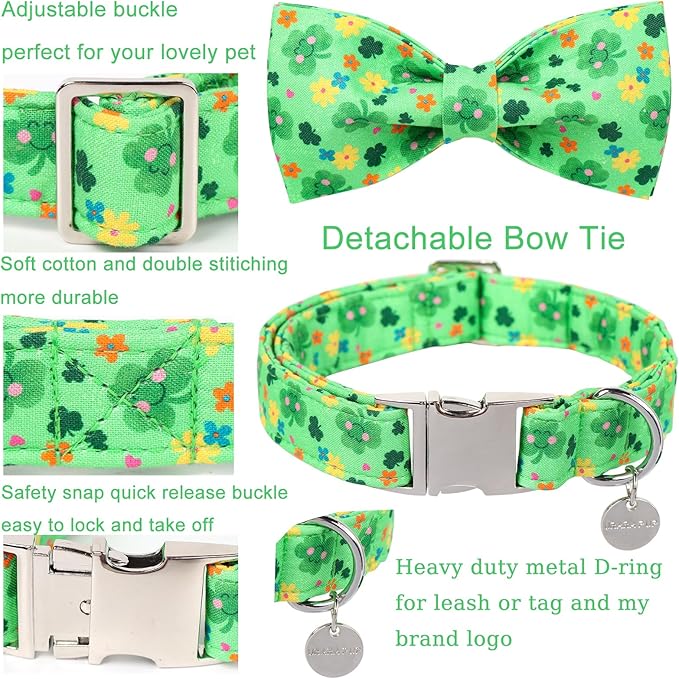 St. Patrick's Dog Collar with Bow Tie, Cotton St. Patrick's Bowtie Collar for Girl Boy Dog, Lucky Shamrock Dog Collar with Metal Buckle, Green, Spring, S