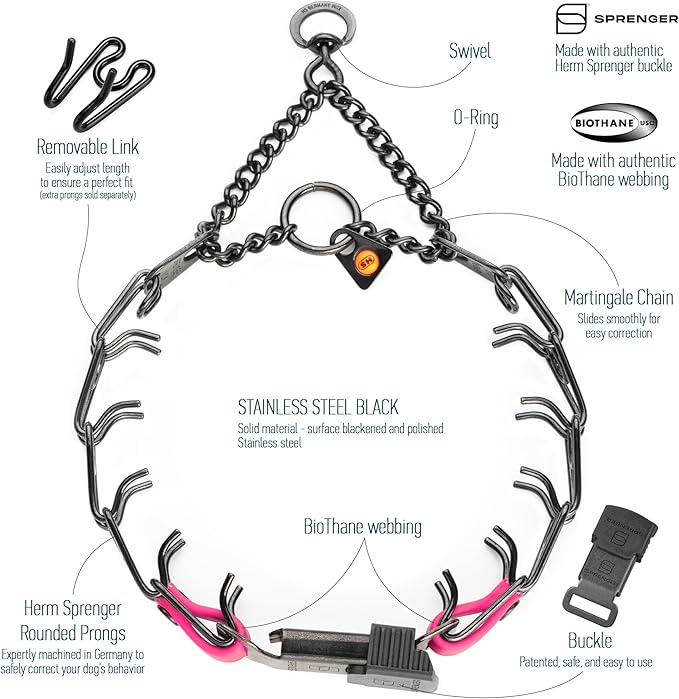 Herm Sprenger Black Stainless Steel Dog Collar with Quick Release ClicLock Buckle and Biothane Insert Training Collar Made in Germany (Passionfruit Pink, 16in x 2.25mm(Neck Size up to 13-14in))
