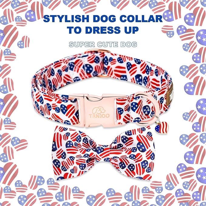 Tunkoo American Flag Dog Collar with Bow Tie Super Cute Heart, Adjustable and Stylish Pet Collar with Metal Buckle, Available in Small, Medium, Large L