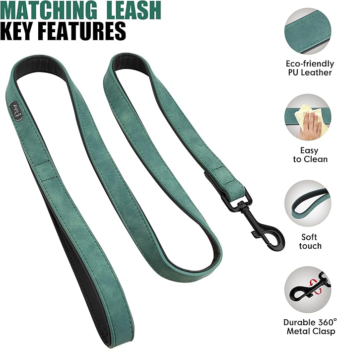Didog Soft Padded Leather Dog Collar and Leash Set, Heavy Duty 4FT Faux Leather Dog Leash and Collar Set with Metal Buckle for Small Medium Large Dogs, Green, L