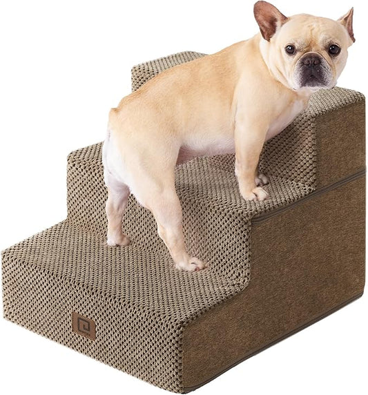 EHEYCIGA Dog Stairs for Small Dogs 13.5" H, 3-Step Dog Steps for Couch Sofa and Chair, Pet Steps for Small Cats, Non-Slip Balanced Pet Ramp Indoor, Camel