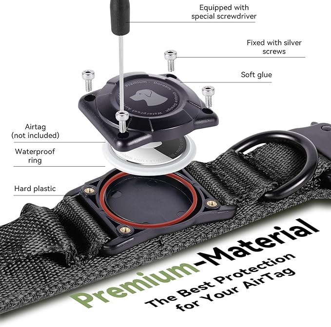 2025 Upgrade Waterproof AirTag Dog Collar, Military Tactical Dog Collar with AirTag Holder, Comfortable Control Handle and Metal Buckle, GPS Dog Collar Holder for Medium to Large Dogs (Black, M)