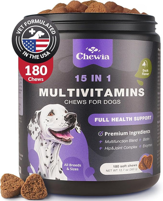 Dog Vitamins 15 in 1 - Dog Multivitamin Chews with MSM for Hip & Joint Health - Dog Supplement for Itchy Skin Relief - Multivitamin for Dogs Immune Support with Enzymes - Skin & Coat, Mobility Support