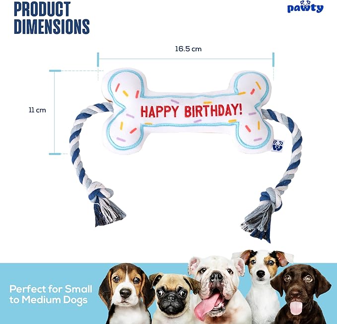 Birthday Bone Interactive Dog Toy - Interactive Tug Rope Pet Toy - Cute Unique Design Party Birthday Gift - Small Medium Puppy - Durable Chew Resistant Plush Toy with Squeaker for Teething (White)