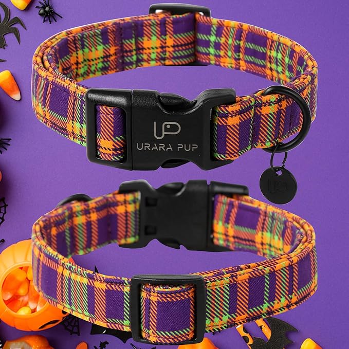 Halloween Dog Collar, Colorful Plaid Dog Collar for Large Dog, Fall & Winter Dog Collar with Lightweight Plastic Buckle, Cute Plaid Pet Collar for Girl Boy Dogs,M