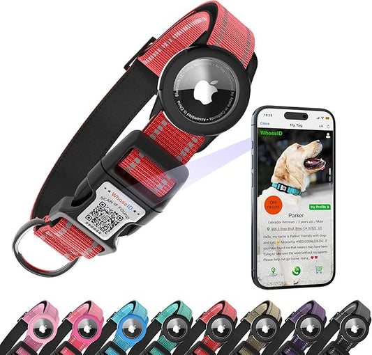 Dog Collar with QR Code, Reflective Dog Collar, Soft Neoprene Padded & Safety Locking Buckle Adjustable Pet Collar (Red, XS-with Airtag Holder)