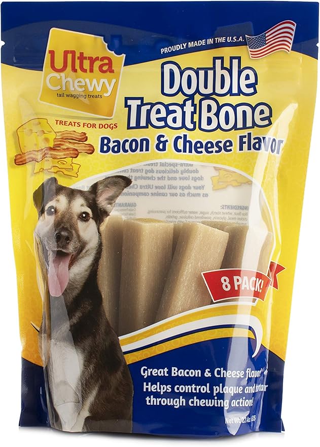 Ultra Chewy Double Treat Bones: Long-Lasting Dog Treats Made in USA for Large and Small Breeds, Highly Digestible, Ideal for Aggressive Chewers (Bacon & Cheese, 2 Value Packs)