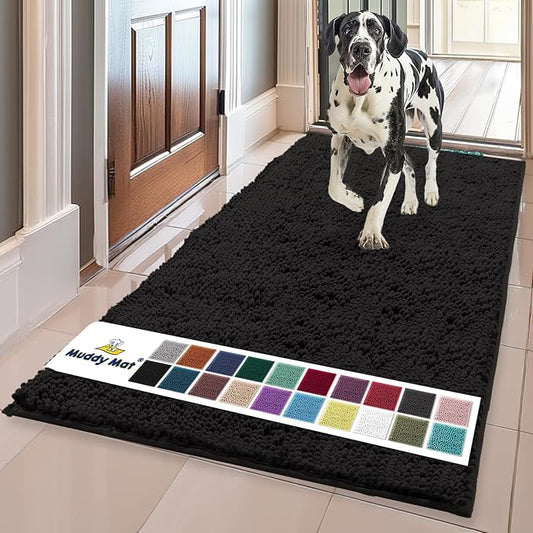 Muddy Mat® Shown on TV – Super Absorbent Microfiber Dog Door Mat for Muddy Paws, Non-Slip Washable Pet Rug, Quick Dry Chenille Entryway Carpet, Machine Washable Indoor Outdoor mat, Black 59"x35"