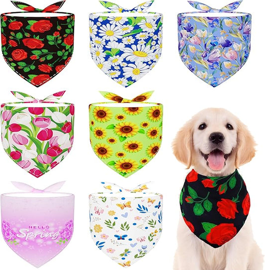 7 Pcs Spring Dog Bandanas for Small Medium Dogs Breed 25 Inch Summer Flowers Dog Bandana Adjustable Large Polyester Scarves Grooming M