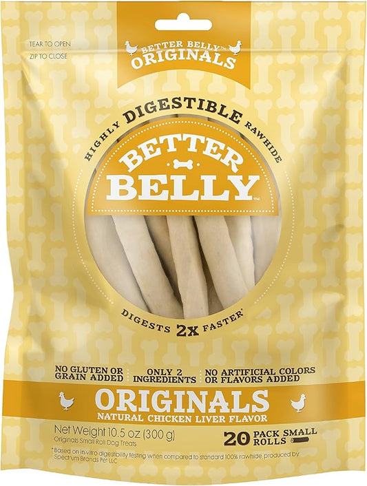 Better Belly Originals Natural Chicken Liver Flavor Small Rolls Highly Digestible Rawhide Dog Chew, 20 Count