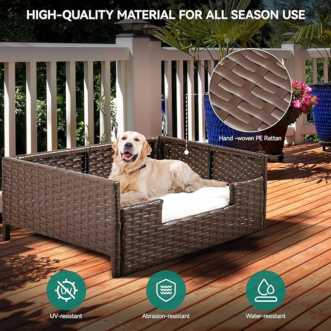 YITAHOME Rattan Dog Sofa Bed with Cushion,Wicker Pet Bed Sofa Couch Indoor Outdoor Water Resistant for Large Medium Small Dogs Cats (38.6''L*26.4''W*15''H,Beige)