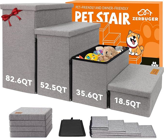 Dog Stairs with Storage 23" H, 4-Step Wider Dog Steps for High Beds Window, Folding Sturdy Pet Stairs Gift for Small/Medium/Large Old Dogs Cats, Ramp for Climbing Car Up to 200 lbs, Smok Gray