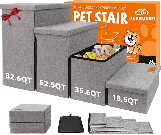 Dog Stairs with Storage 23" H, 4-Step Wider Dog Steps for High Beds Window, Folding Sturdy Pet Stairs Gift for Small/Medium/Large Old Dogs Cats, Ramp for Climbing Car Up to 200 lbs, Smok Gray