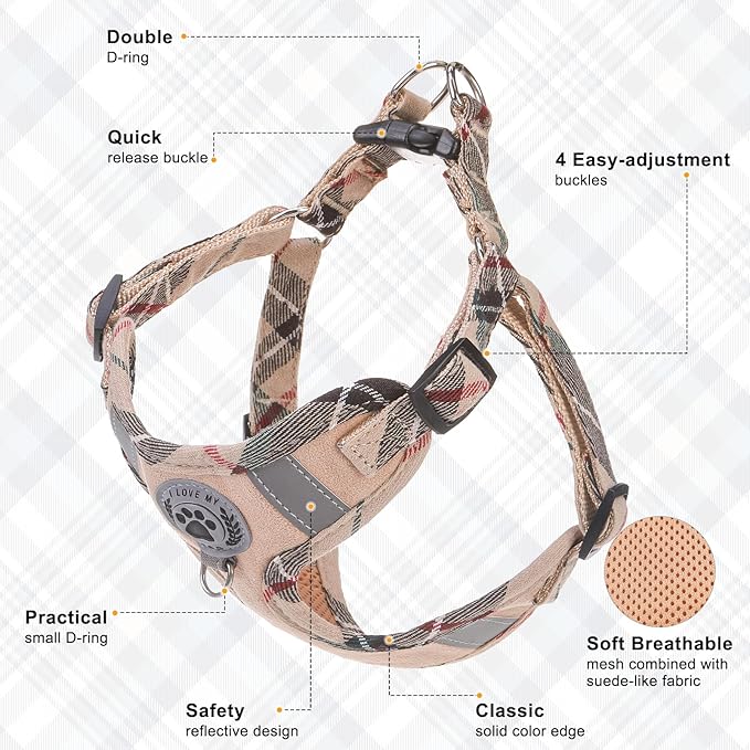 BEAUTYZOO Step in Dog Harness Collar and Leash Set for Small Medium Large Dogs, No Pull No Choke Puppy Harness,Soft Mesh Reflective Pet Padded Vest Adjustable for Doggie Girl or Boy,Chihuahua,Beige S