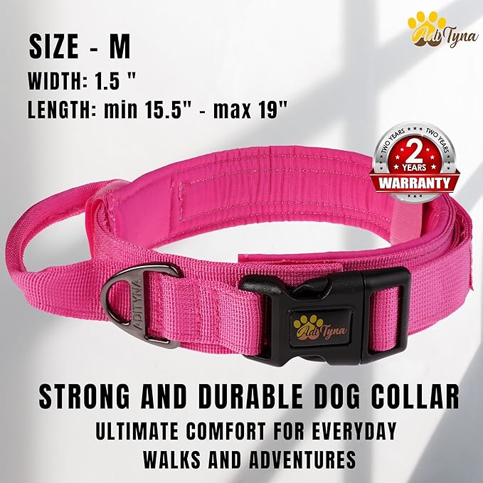 ADITYNA Tactical Dog Collar for Medium Girl Dogs - Soft Padded, Heavy Duty, Service, Adjustable, Military, K9 Pink Medium Collar with Handle for Training and Walking