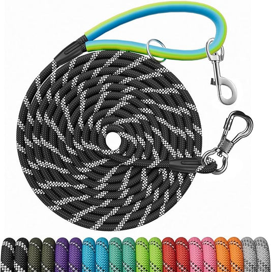 NTR Dog Training Leash, 20FT Puppy Check Cord Rope Lead, with 2 Swivel Hooks, Reflective Threads and Soft Handle, Puppy Leash for Walking, Hunting, Camping for Small Medium and Large Dogs-Black