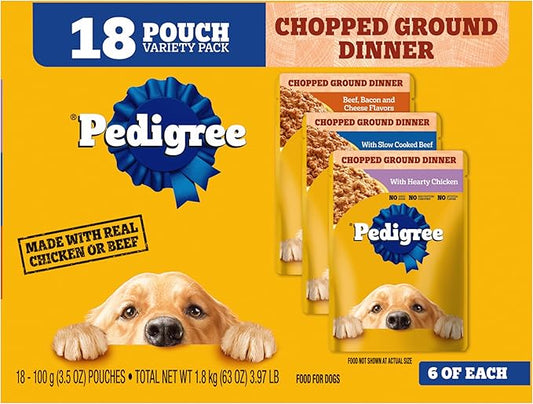 PEDIGREE CHOPPED GROUND DINNER Adult Soft Wet Dog Food Variety Pack, 3.5 Ounce - 18 Count (Pack of 1)