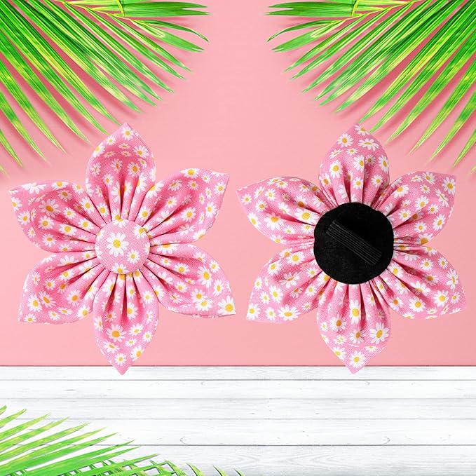 Summer Dog Collar with Pink Daisy Flower, Medium, Pink, Cotton, Buckle Closure