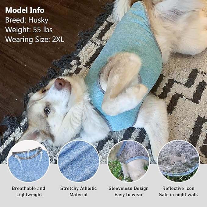 KYEESE 2 Pack Dog Shirts Quick Dry Soft Stretchy Pet T-Shirts with Reflective Label Tank Top Sleeveless Vest Sun Protection Dog Clothes for Small Dogs, XX-Large, Light Blue+Grey