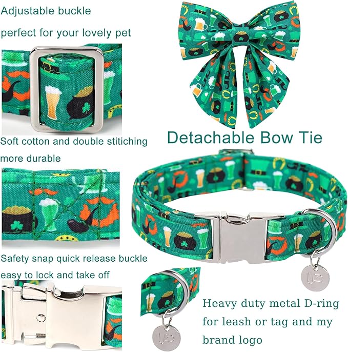 St. Patrick's Dog Collar with Bow Tie, Cotton St. Patrick's Bowtie Collar for Girl Boy Dog, Lucky Shamrock Dog Collar with Metal Buckle, Green, Spring, XS