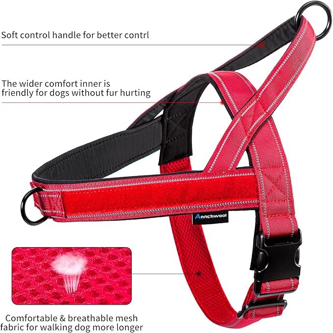 Annchwool No Pull Dog Harness with Soft Padded Handle,Reflective Strip Escape Proof and Quick Fit to Adjust Dog Harness,Easy for Training Walking for Small & Medium and Large Dogs(Red,L)