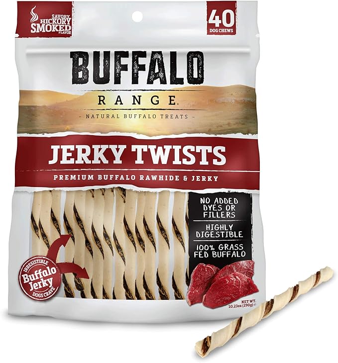 Rawhide-Free Dog Treats – Natural Jerky Twists Made with Grass-Fed Buffalo – Hickory Smoked Flavor High Protein Chews for Dogs – Healthy Rawhide Alternative – 40 Count
