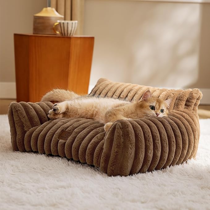 Bedsure Cute Pet Couch - Fluffy Sofa with Premium Soft Corduroy Fleece, Washable Cover, Supportive Cat Chair, 24 inch, Copper Brown