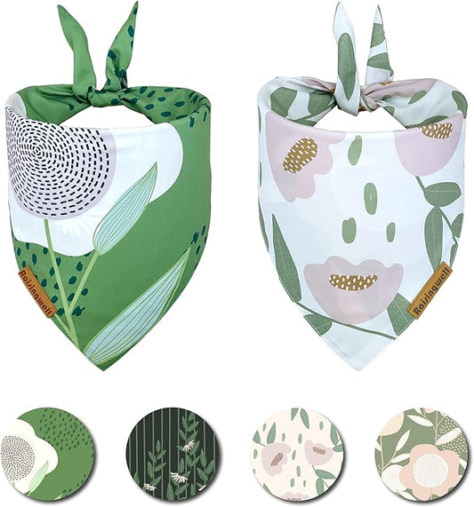Summer Dog Bandanas 2 Pack, 4 Pattern Reversible Green Dog Bandana, Adjustable, Washable, Spring Floral Triangle Scarf for Medium to Large Breed Dogs, boy and Girl (Large)