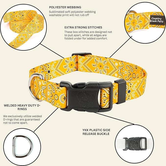 Country Brook Petz - Deluxe Yellow Bandana Dog Collar - Made in The U.S.A. - Country and Western Collection Featuring Rustic Designs (5/8 Inch, Small)