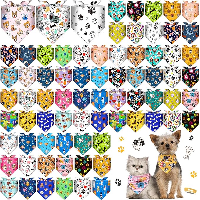72 Pcs Dog Bandanas Bulk for Summer Adjustable Washable Pet Triangle Scarf Soft Kerchief Bib for Summer Holiday Pet Costume Accessories(Cartoon Pattern)