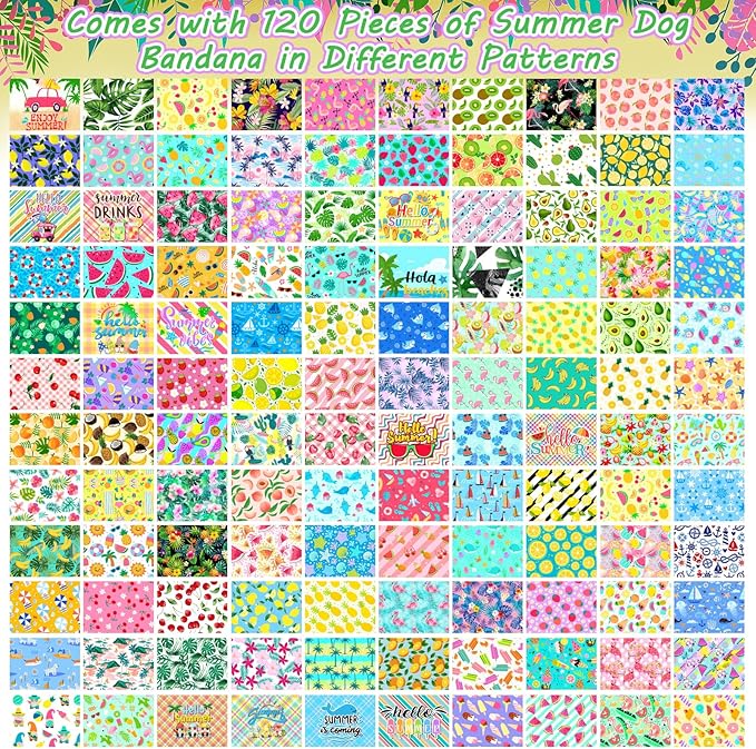 120Pcs Spring Summer Dog Bandanas Bulk Hawaiian Dog Scarves Fruit Triangle Puppy Bandanas Washable Adjustable Pet Bandana for Small Medium Large Dog Puppy Pet Grooming Accessories