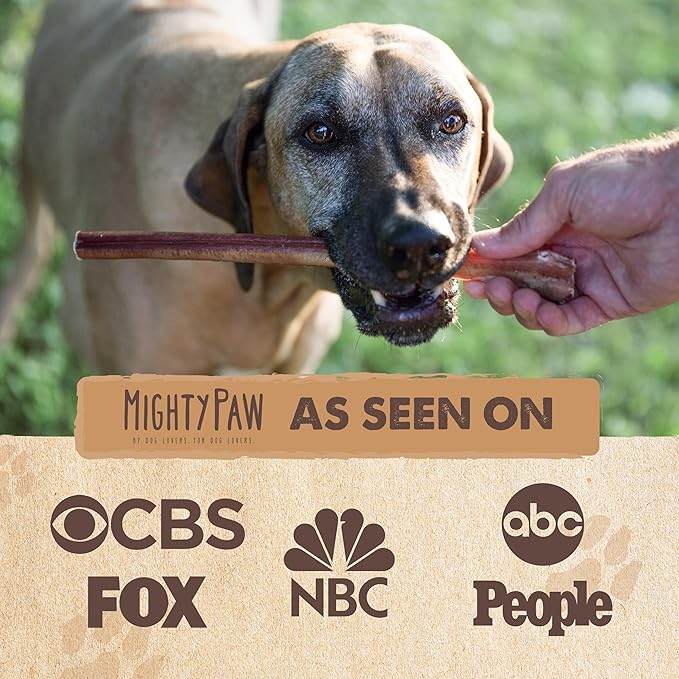 Mighty Paw Naturals 12" Bully Sticks for Dogs - Grass Fed Beef Chews. Dog Bully Sticks for Large Dogs, Medium and Small Breeds. Lower Odor Treats for Small Pets. Single Ingredient