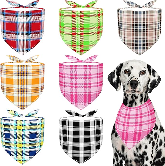 7 PCS Plaid Dog Bandanas for Large Dogs Breed Extra Large Polyester Dog Bandana Print One Side XL Scarves Party Grooming L