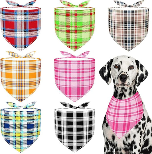 7 PCS Plaid Dog Bandanas for Large Dogs Breed Extra Large Polyester Dog Bandana Print One Side XL Scarves Party Grooming L