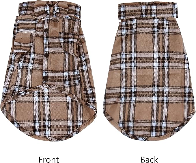 Soft Casual Dog Plaid Shirt,Gentle Dog Western Shirt Pet Clothes, Dog Cotton Shirt with Bow Tie for Wedding,Christmas Costumes (Small, Dark Khaki)