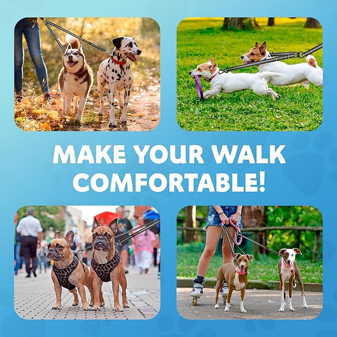 Double Dog Leash – Adjustable Length Long Leash for Dog Training – Dual Reflective Dog Leash with Non-Tangle Design – Heavy Duty Nylon and Metal Buckles – Ideal (Black, Large)