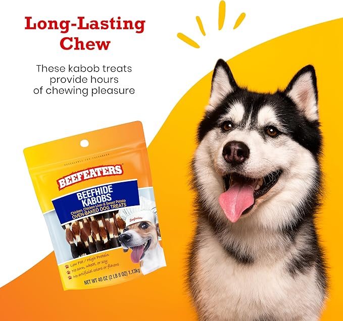 Beefeaters Beefhide Kabobs 40oz – Dog Treat. Triple Flavor with Real Chicken, Liver & Sweet Potato, Long-Lasting Chew, Supports Dental Health, Ideal for Training
