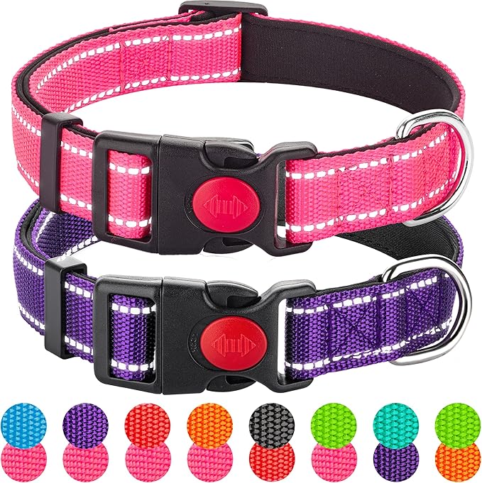 2 Pack Reflective Dog Collars for Medium Large and Small Breed Dogs Male Female,Padded Soft Durable Nylon Neoprene Collar for Puppy Dogs Girl Boy with Quick Release Safety Buckle,Pink,Purple,S