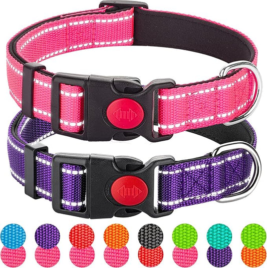 2 Pack Reflective Dog Collars for Medium Large and Small Breed Dogs Male Female,Padded Soft Durable Nylon Neoprene Collar for Puppy Dogs Girl Boy with Quick Release Safety Buckle,Pink,Purple,S