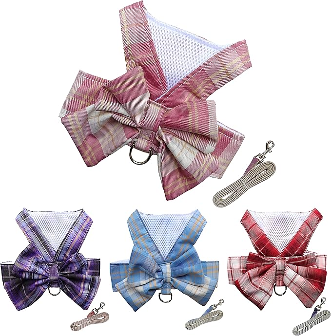 Plaid Dog Dress Bow Tie Harness Leash Set,Dog Clothes Harness Dress with Leash Ring for Small Dogs Girl, Puppy Princess Rabbit Clothes Chihuahua Yorkies Pet Outfits (Pink, Medium)