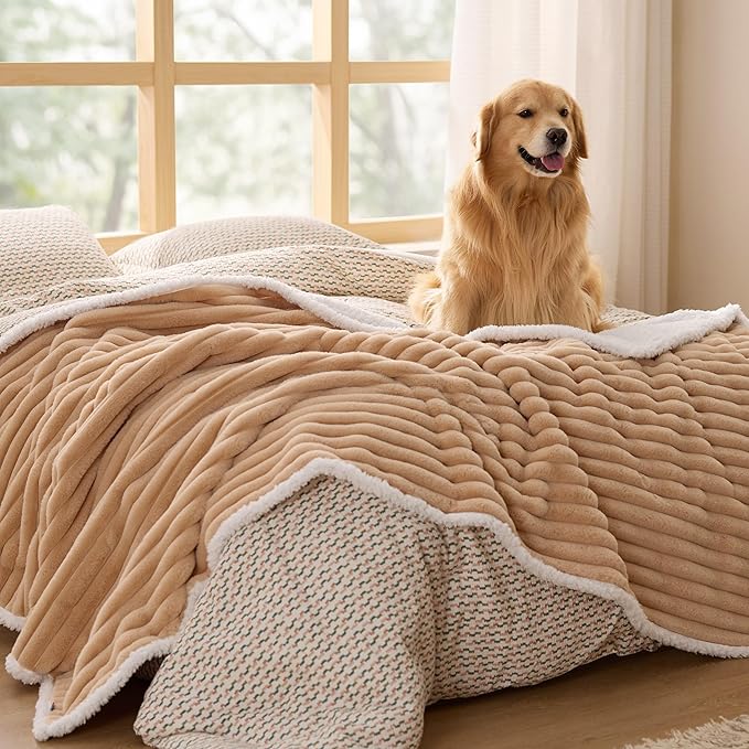 Bedsure Waterproof Dog Blankets for Large Dogs - Soft Pet Cat Blanket Corduroy Fleece for Bed Protector Washable, Cozy Calming Reversible Furniture Protection for Puppy,60"x80", Tuscan Beige