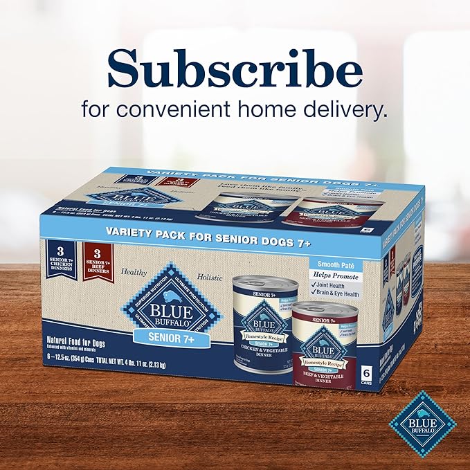 Blue Buffalo Homestyle Recipe Senior Wet Dog Food, Made with Natural Ingredients, Beef Dinner and Chicken Dinner, Variety Pack, (12.5-oz Cans, 3 of Each Flavor)