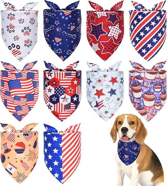 10PCS 4th of July Dog Bandanas American Flag Stars and Stripes Patriotic Balloons Pattern for Medium Boys Girls Independence Day Party Grooming Accessories
