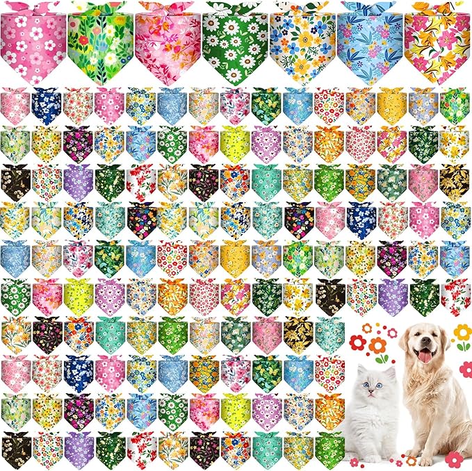 200 Pcs Dog Bandana Bulk Spring Summer Hawaii Pet Party Bandana Scarf Adjustable Puppy Kerchief Triangle Bibs Holiday Grooming Supplies for Small Medium Dogs Cat Costume Accessory Outfit(Flower)