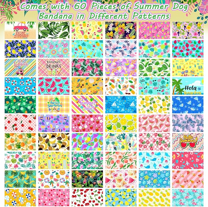 60Pcs Spring Summer Dog Bandanas Bulk Hawaiian Dog Scarves Hawaii Fruit Triangle Puppy Bandanas Washable Adjustable Pet Bandana for Small Medium Large Dog Puppy Pet Grooming Accessories