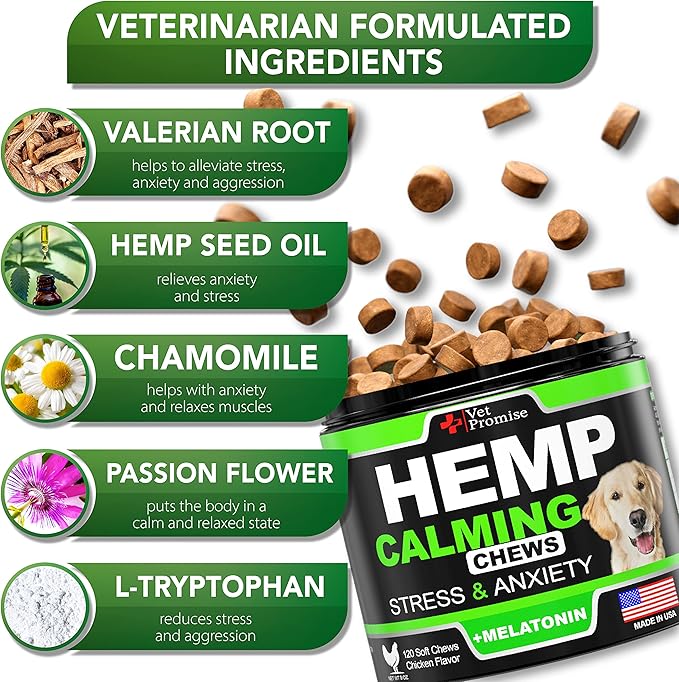 Hemp Calming Chews for Dogs with Anxiety and Stress - Dog Calming Treats - Anxiety Relief - Separation - Travel - Barking - Melatonin - Hemp Oil - 120 Soft Treats - Made in USA