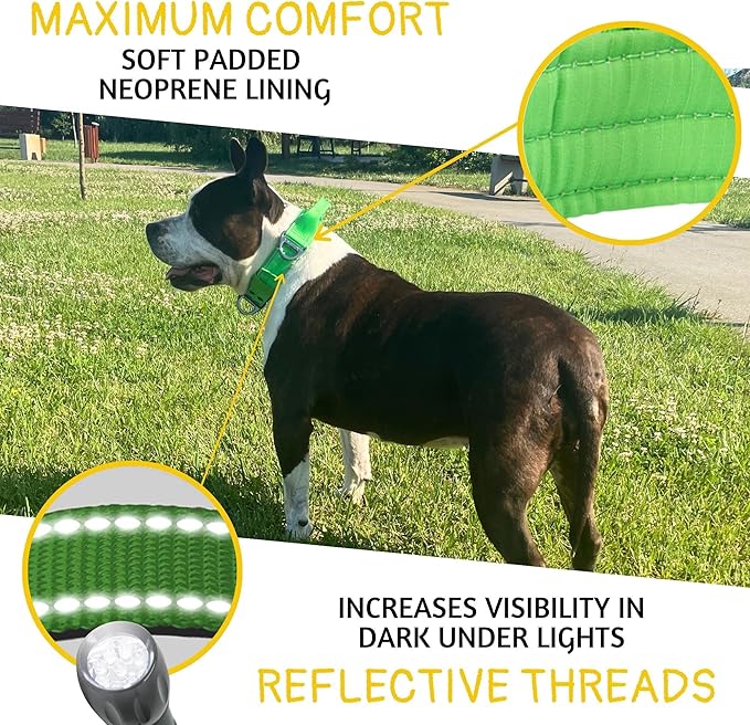 ADITYNA Heavy Duty Dog Collar for Large Dogs - Reflective Green Collar with Handle for Training, and Walking - Wide, Thick, Tactical, Soft Neoprene Padded