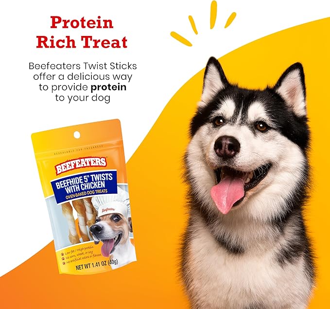 Beefeaters Dog Treats - Beefhide 5in Twist with Chicken 1.41oz, Case of 12 | High Protein, Low Fat, Enriched with Vitamins & Minerals | Promotes Clean Teeth | Dog Training Treats for All Dog Sizes