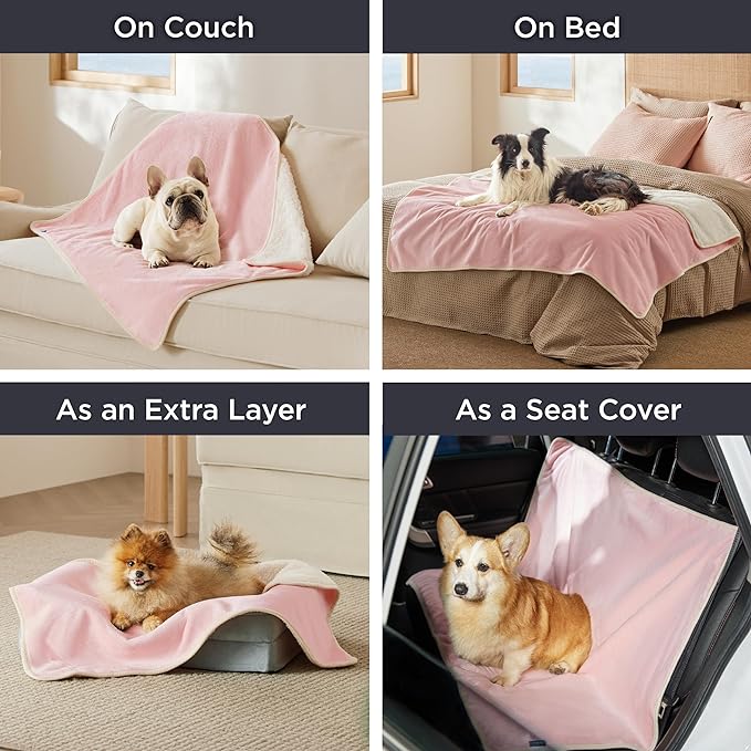 Bedsure Waterproof Blanket for Bed - Sherpa Fleece Waterproof Dog Blankets for Large Dogs, Pet Blankets for Bed/Couch/Dog Crate, Soft Plush Reversible Furniture Protector, Twin Size, 80"x60", Pink