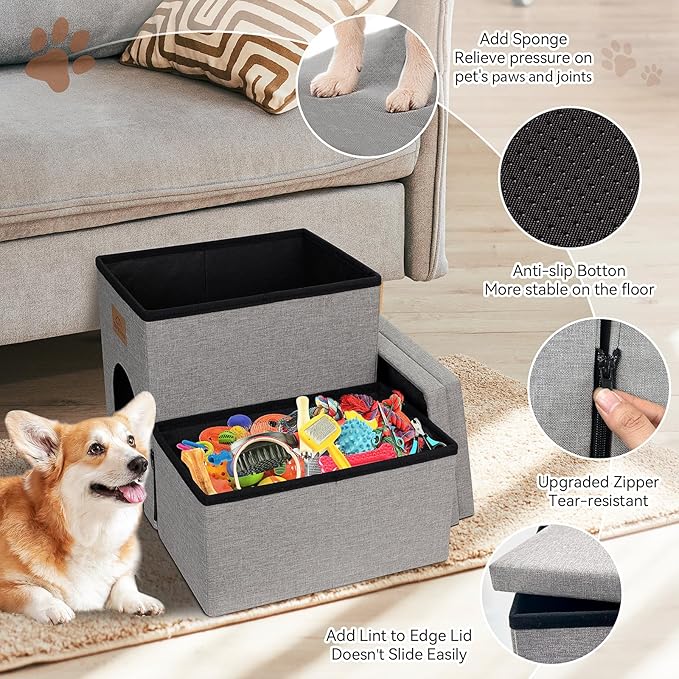 Dog Stairs with Condo 15" H, 2-Step Wider Dog Steps for Small/Medium/Large Old Dogs Cats, Folding Sturdy Storage Pet Stairs Climbing Bed Couch, Dog Ramp for Car Hold Up to 150 lbs, Smok Grey